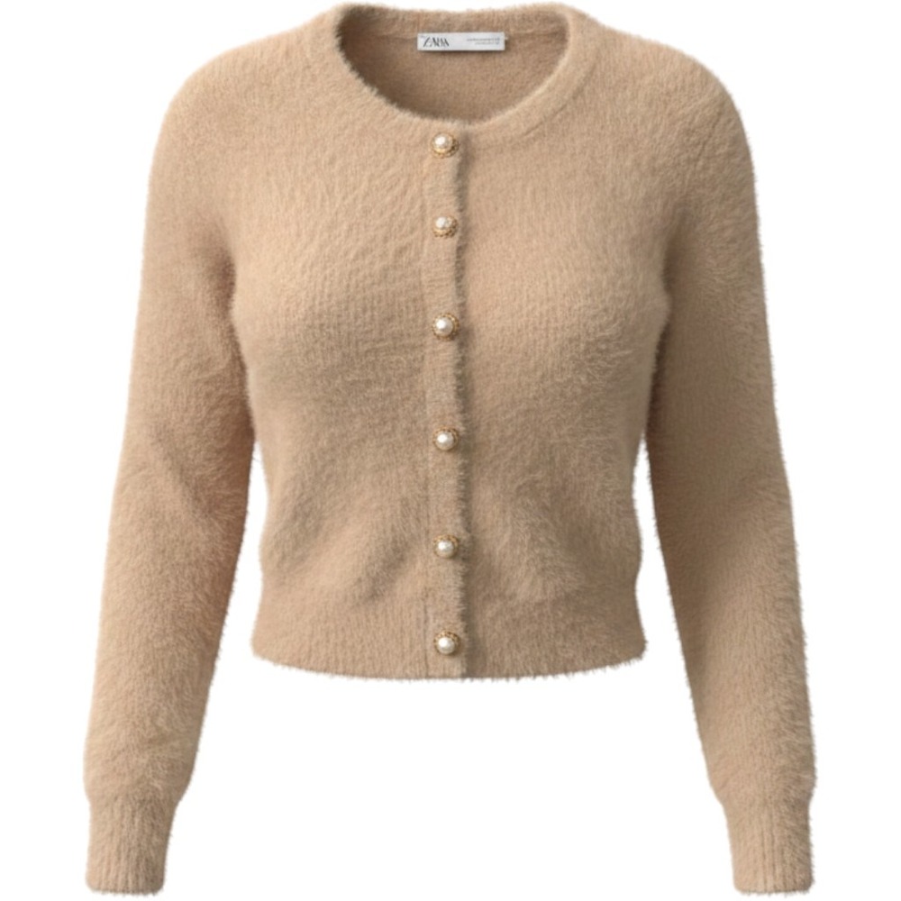 Zara cream fuzzy cardigan with pearl buttons Size M